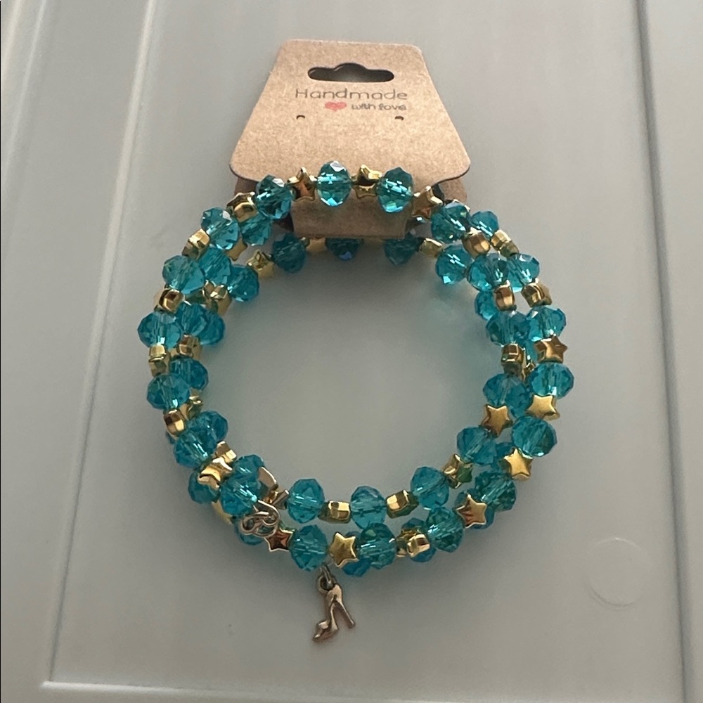 Handmade Memory Wire  Blue and Gold Beaded Bracelet